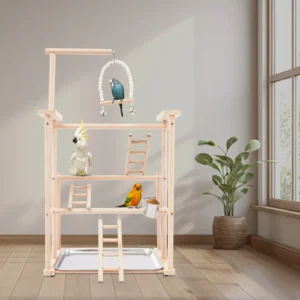 3-Tier Large Beech Wood Parrot Play Stand, 31" Height Bird Gym with Swing & Ladders for Small/Medium Birds (Holds 2-10 Birds)